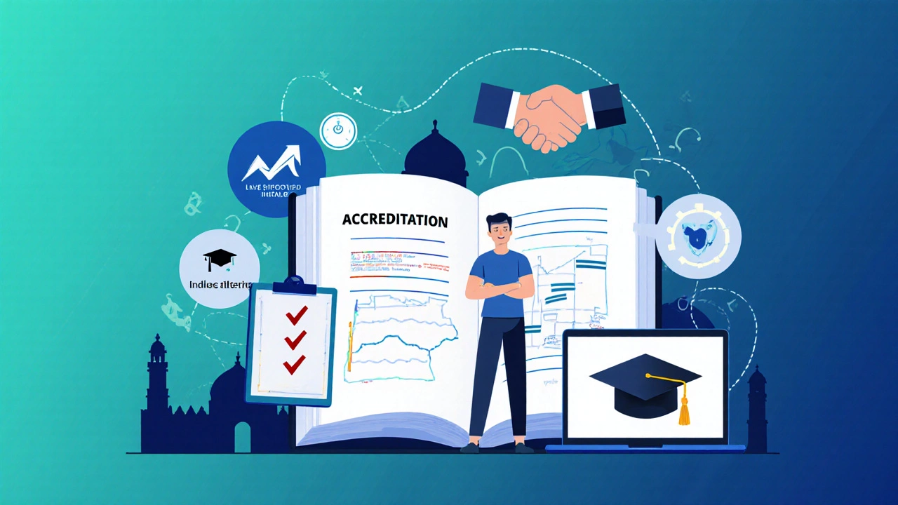 Adult checking off a checklist beside an accreditation book, laptop, and symbols of ROI and mentorship.