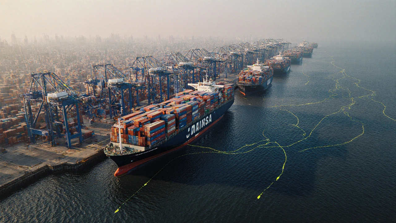 Aerial view of Mumbai Port showing container ships and trade routes at dawn.