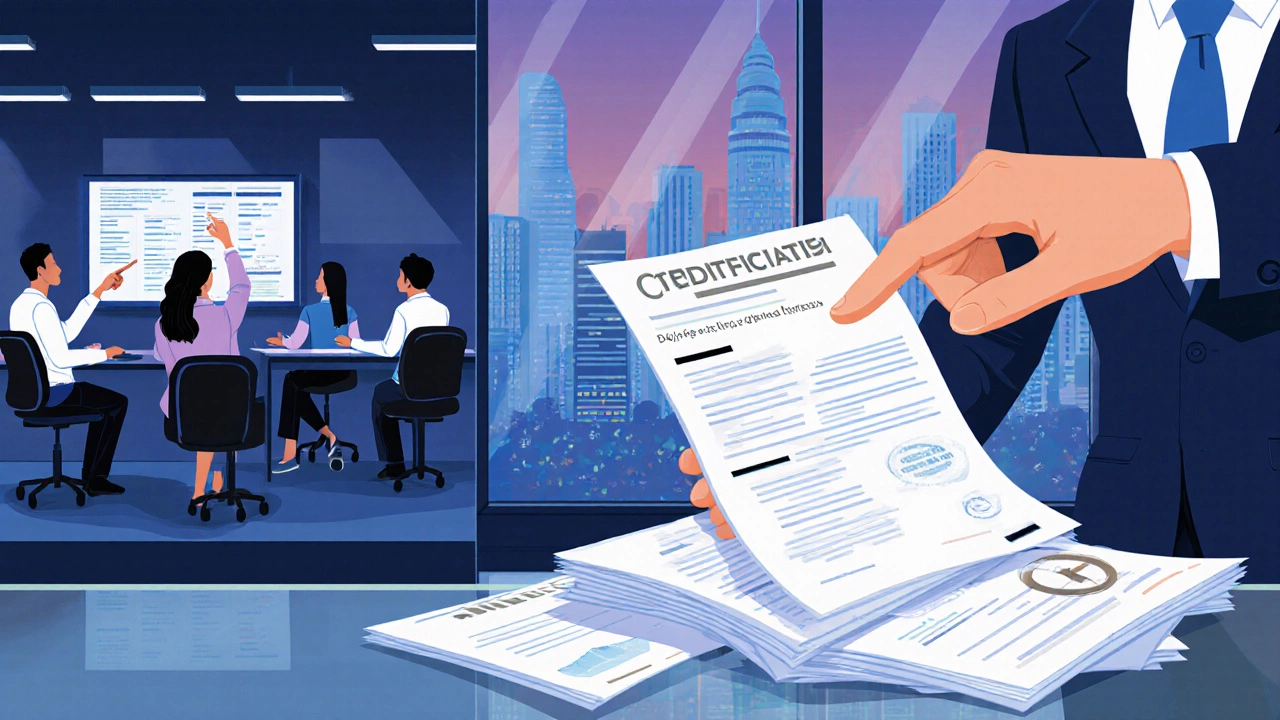 Corporate recruiter examining a resume with a certificate while contrasting high‑tech and shallow classrooms.