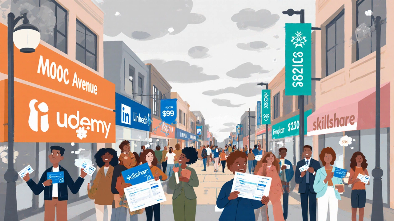 Crowded marketplace street with storefronts for MOOC platforms and learners holding multiple subscription cards.