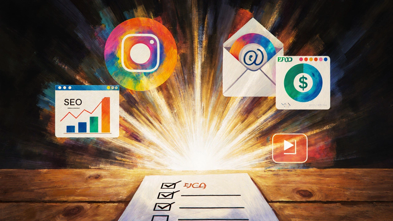 Digital painting of a checklist surrounded by layered visuals of SEO, social, email, PPC, and video marketing.