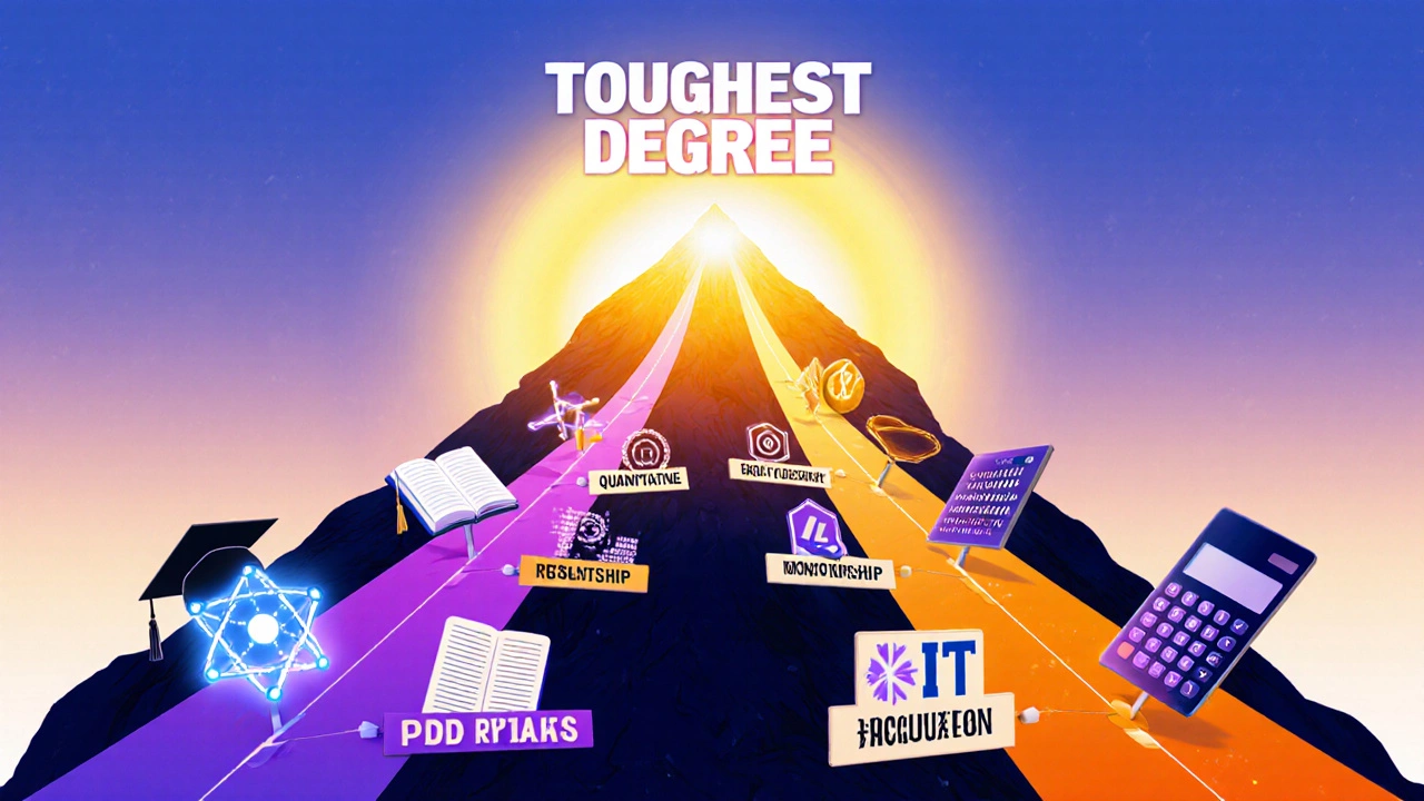 Dual pathways with milestones leading to a glowing summit representing tough degrees.