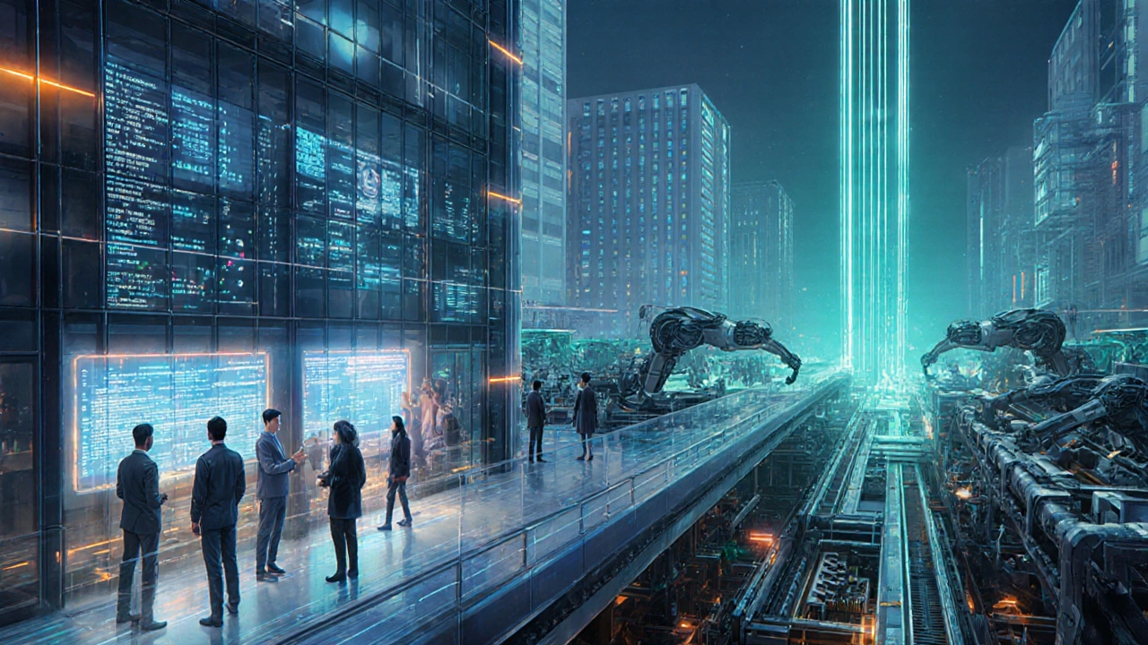 Futuristic Bengaluru tech park and manufacturing zone with holographic displays.