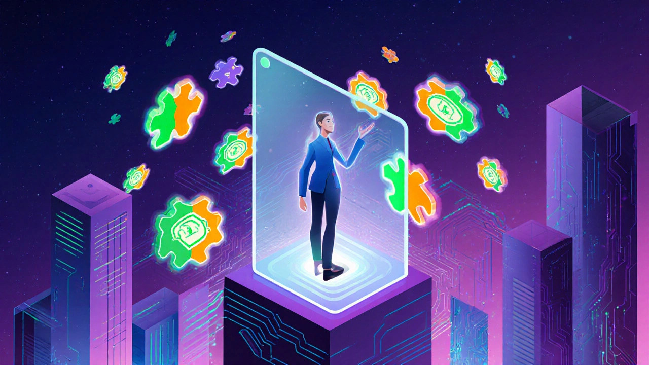 Futuristic scene of AI guide helping learner collect glowing micro‑credential badges behind a security shield.