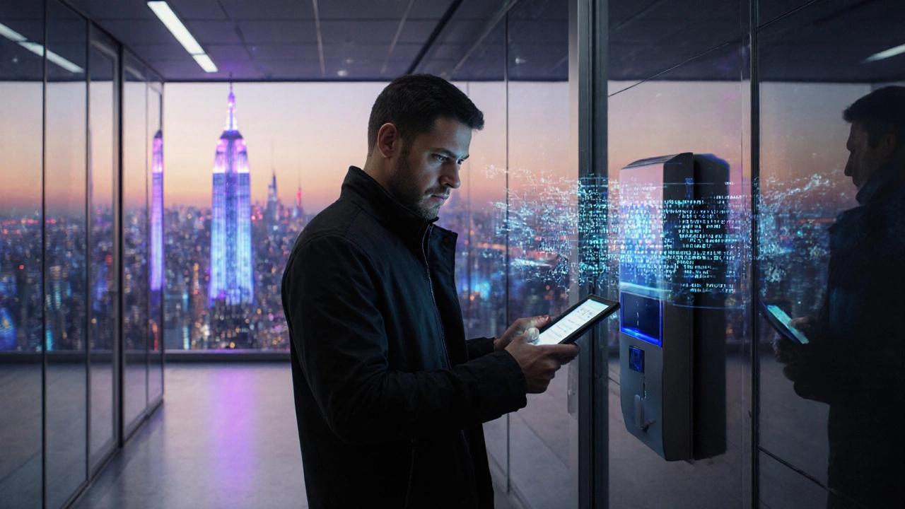 Futuristic technician programming a smart lock with a tablet, holographic display in a city setting.