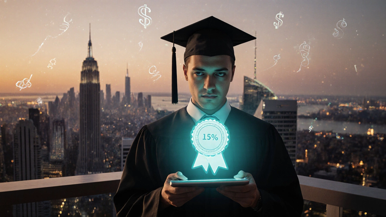 Graduate holding a glowing digital badge on a tablet overlooking a city skyline at dusk.