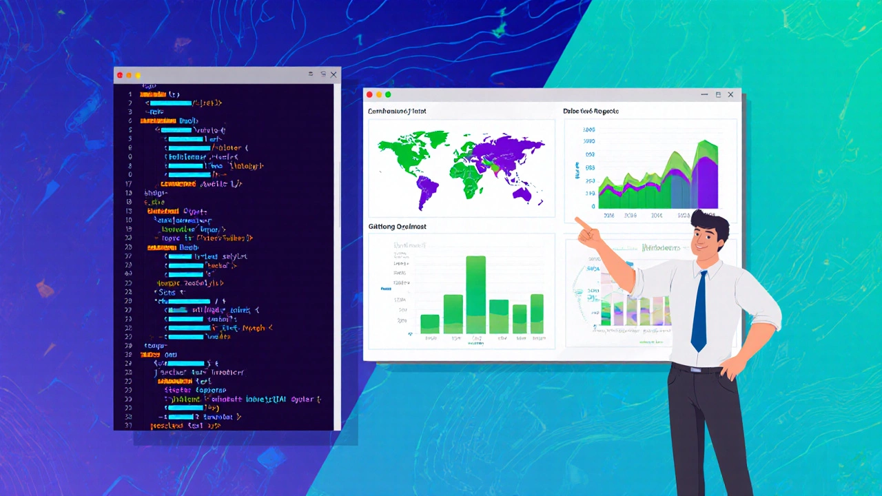 Illustrated split-screen showing code editor with SQL/Python and a colorful data dashboard, highlighted by an analyst.