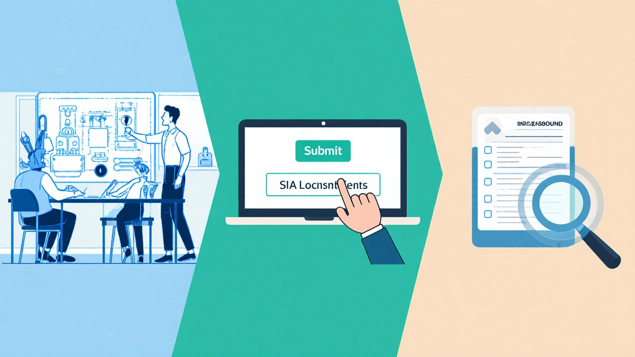 Illustrated three‑step licence process: classroom training, online application, background check.