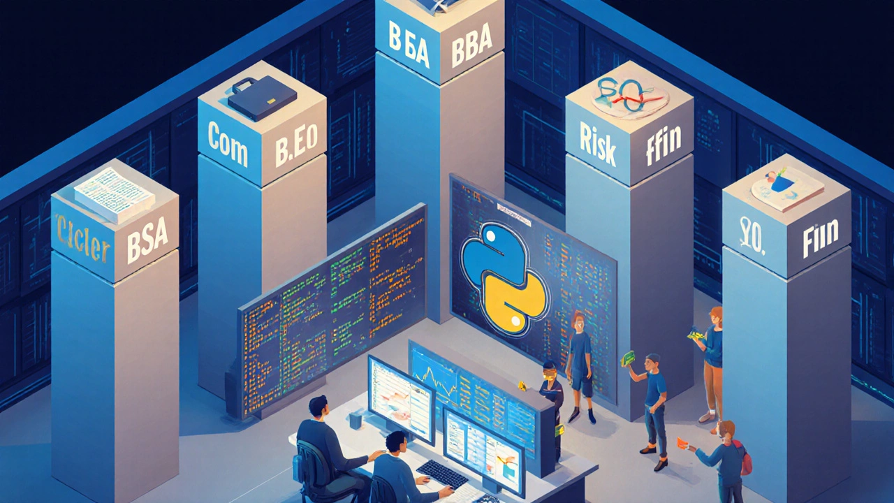 Isometric illustration of five degree pillars beside a high‑tech market simulation lab.
