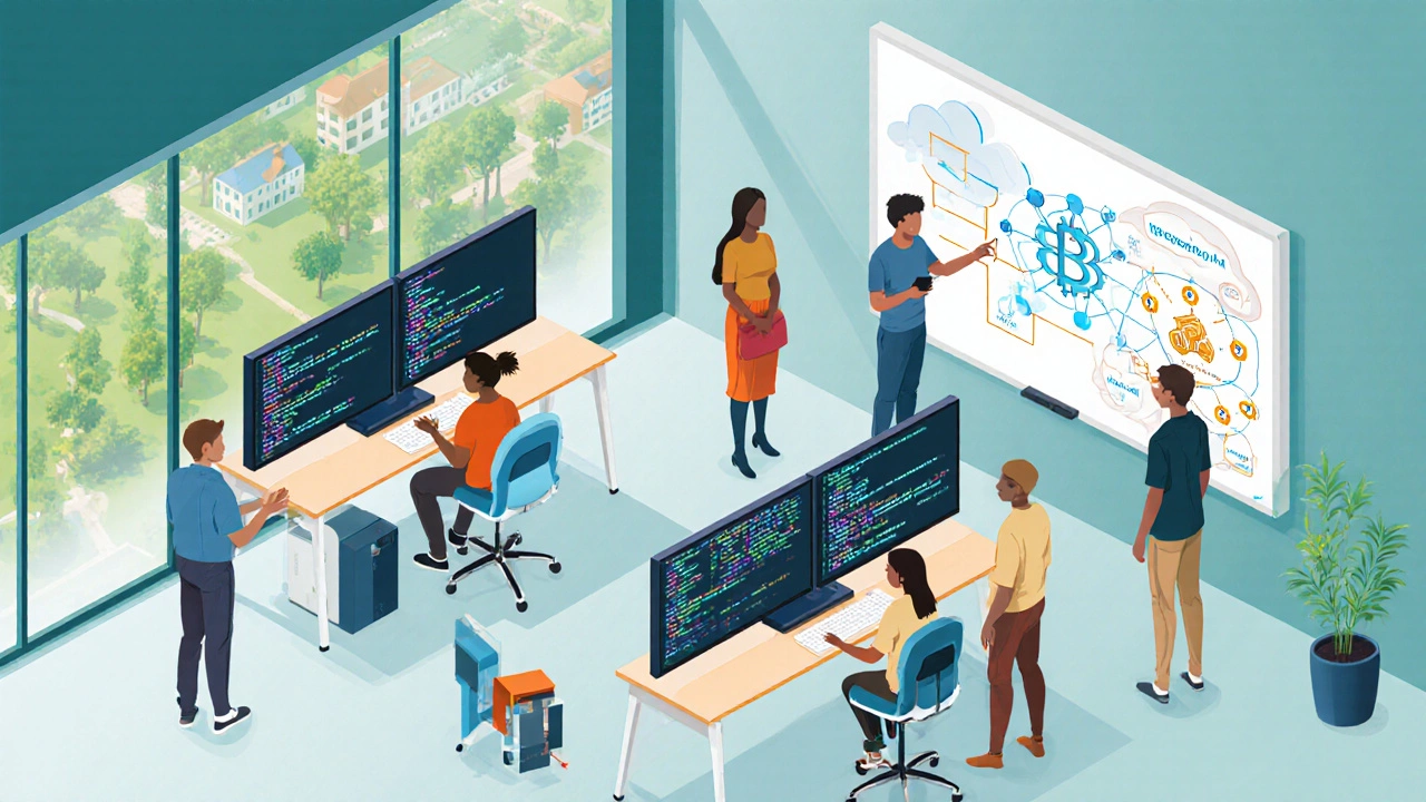 Isometric lab scene with diverse students working on data science and cloud projects.