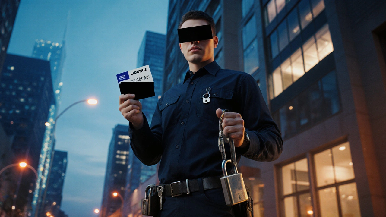 Licensed locksmith standing by a commercial building at dusk, holding a licence card and key‑safe.