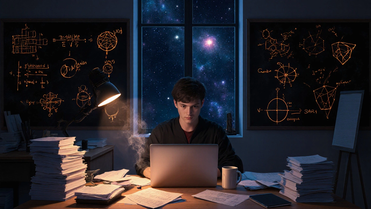 Physics PhD student surrounded by equations and a starry window at night.