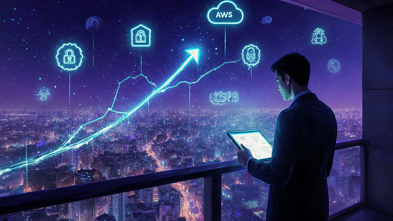 Senior IT architect on a balcony holding a tablet with certifications and salary graph.
