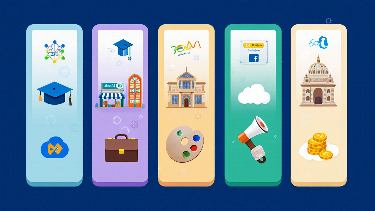 Seven panel illustration depicting major online learning platforms with subject icons.