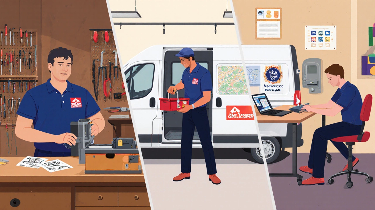 Split scene of full‑time shop locksmith, self‑employed van driver, and apprentice at a training bench.