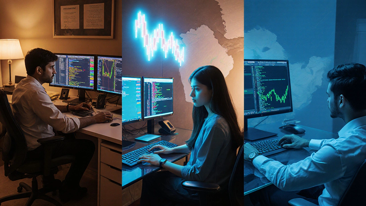 Three Indian traders—equity, quant, derivatives—working at desks with monitors and an Indian map silhouette.