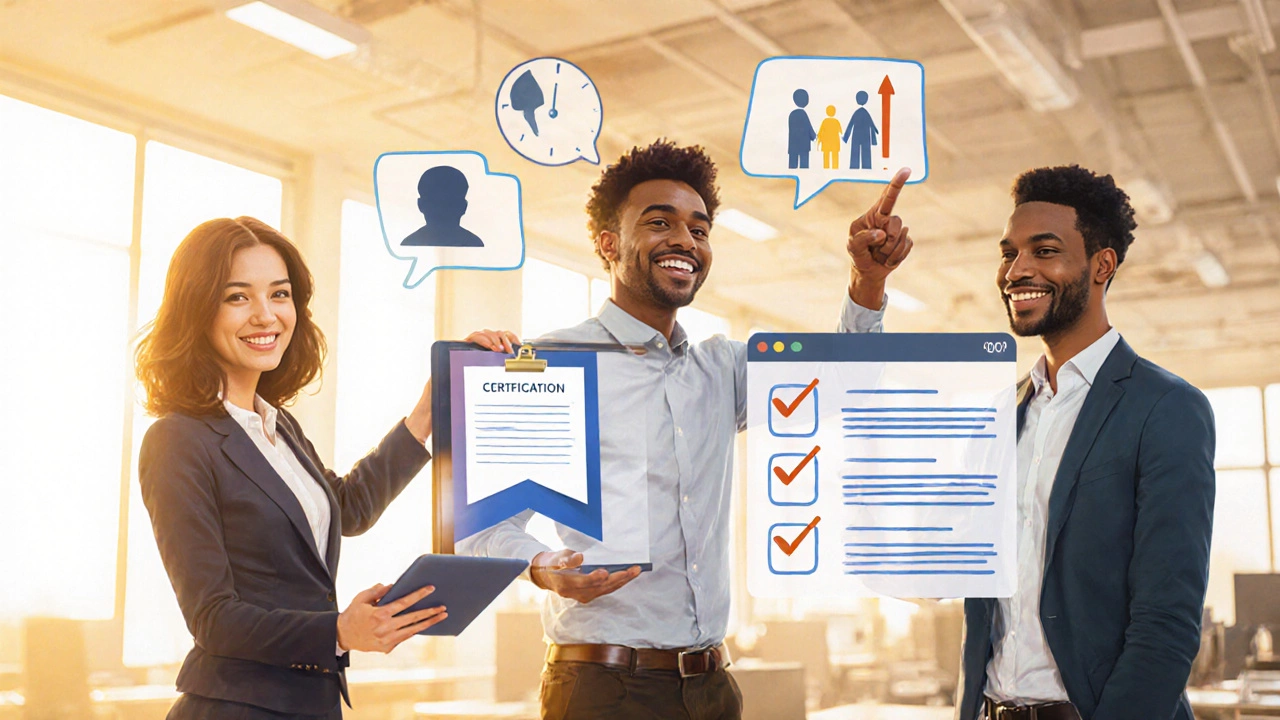 Three professionals celebrating a new certification, with a floating checklist.