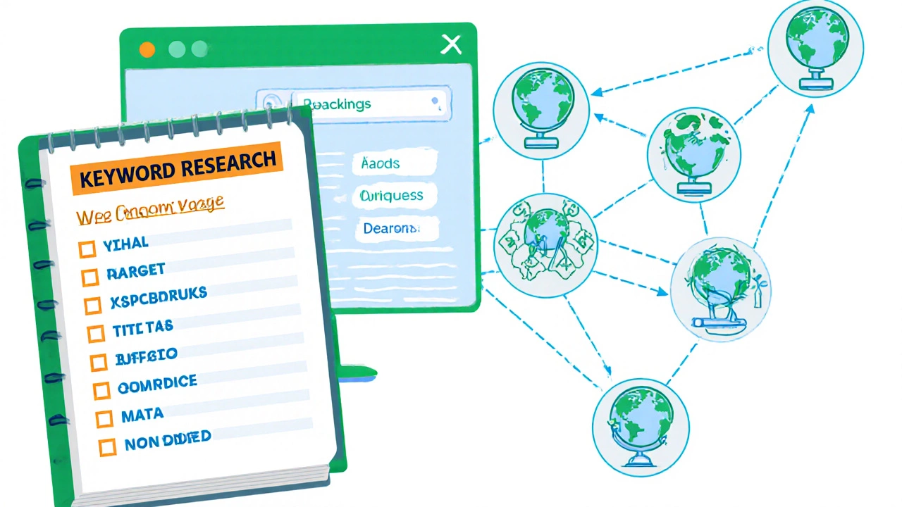Vector illustration showing keyword research, on‑page edits, and backlink network for SEO.